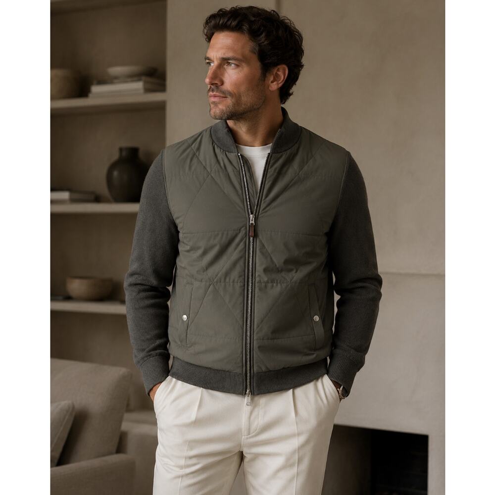 REISS Amos Quilted Bomber Jacket Slate Gray Green Sz L $330